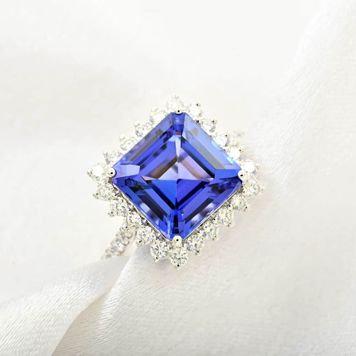 Certified & Appraised Rhapsody Asscher Cut AAAA Tanzanite and E-F VS Diamond 7.30 ctw Ring in 950 Platinum 7.03 Grams image number 1