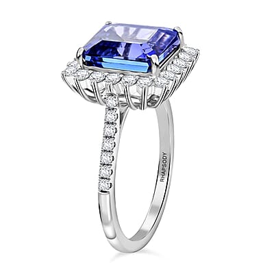Certified & Appraised Rhapsody Asscher Cut AAAA Tanzanite and E-F VS Diamond 7.30 ctw Ring in 950 Platinum (Size 10.0) 7.03 Grams