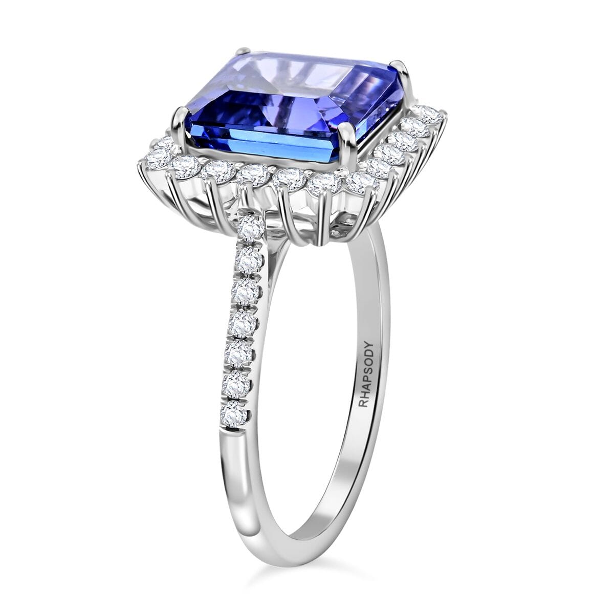 Certified & Appraised Rhapsody Asscher Cut AAAA Tanzanite and E-F VS Diamond 7.30 ctw Ring in 950 Platinum (Size 8.0) 7.03 Grams image number 3