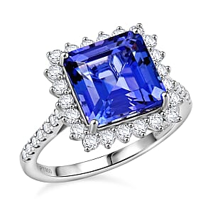 Certified & Appraised Rhapsody Asscher Cut AAAA Tanzanite and E-F VS Diamond 7.30 ctw Ring in 950 Platinum (Size 9.0) 7.03 Grams