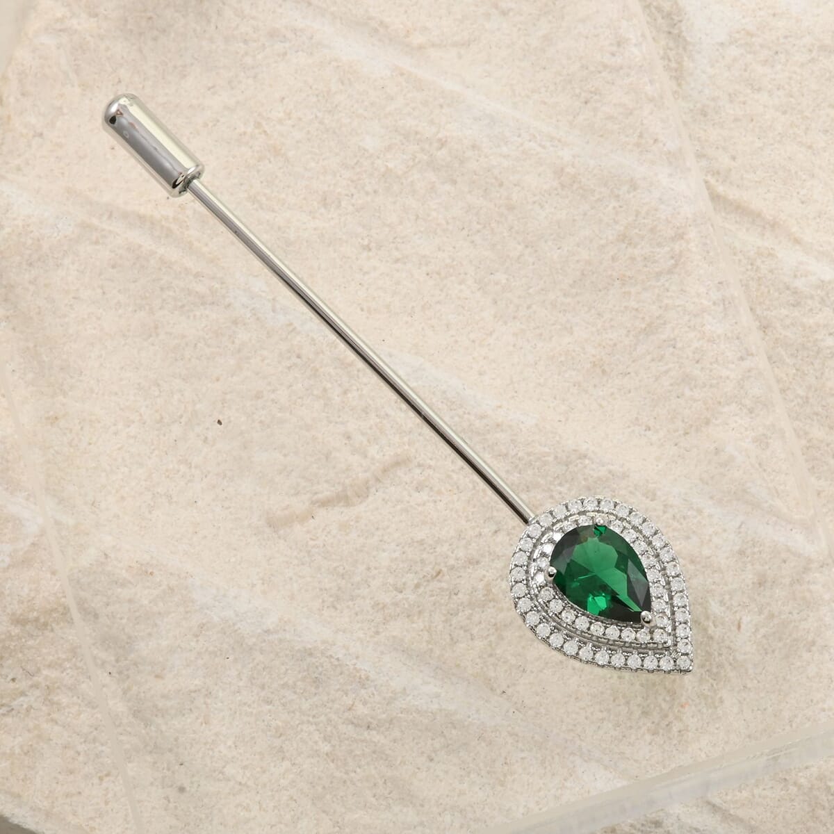 Lab Created Green Quartz and Simulated Diamond 3.10 ctw Brooch in Silvertone image number 1