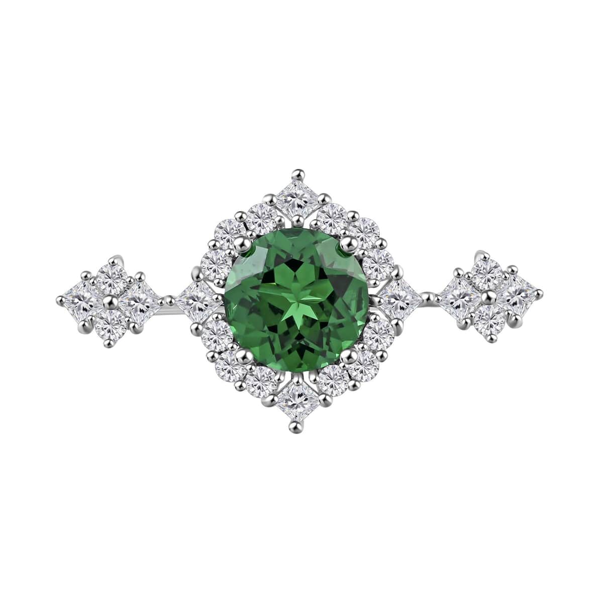 Simulated Emerald Color Diamond and Simulated Diamond 4.70 ctw Brooch in Silvertone image number 0