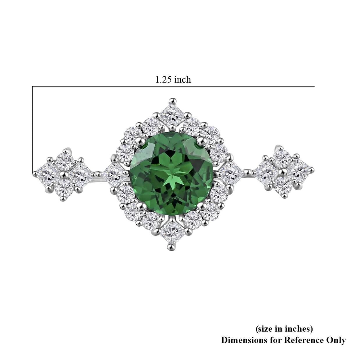 Simulated Emerald Color Diamond and Simulated Diamond 4.70 ctw Brooch in Silvertone image number 3