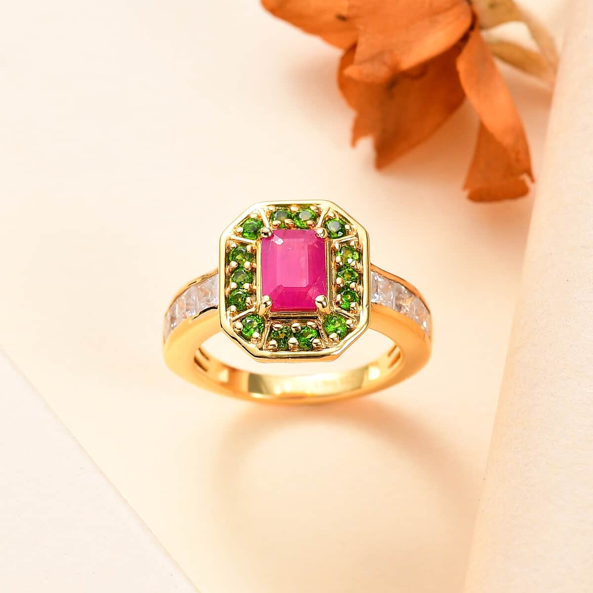 Premium Royal Ruby and Multi Gemstone 2.50 ctw Halo Ring in 18K Vermeil Yellow Gold Over Sterling Silver image number 1