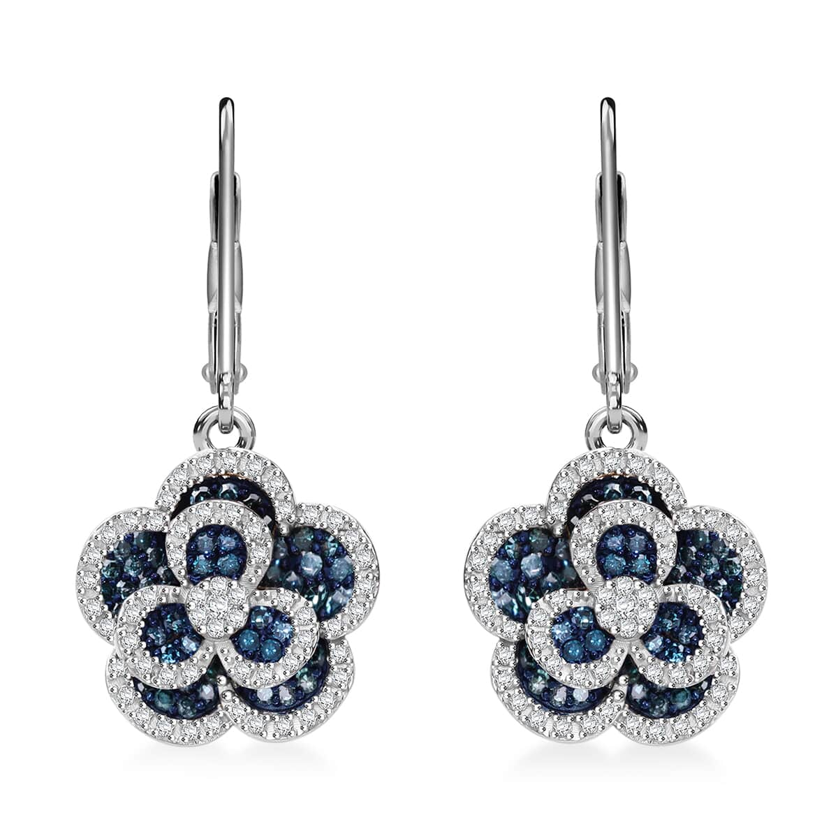 Doorbuster Blue and White Diamond 1.00 ctw Enchanted Bloom Earrings in Platinum Over Sterling Silver image number 0