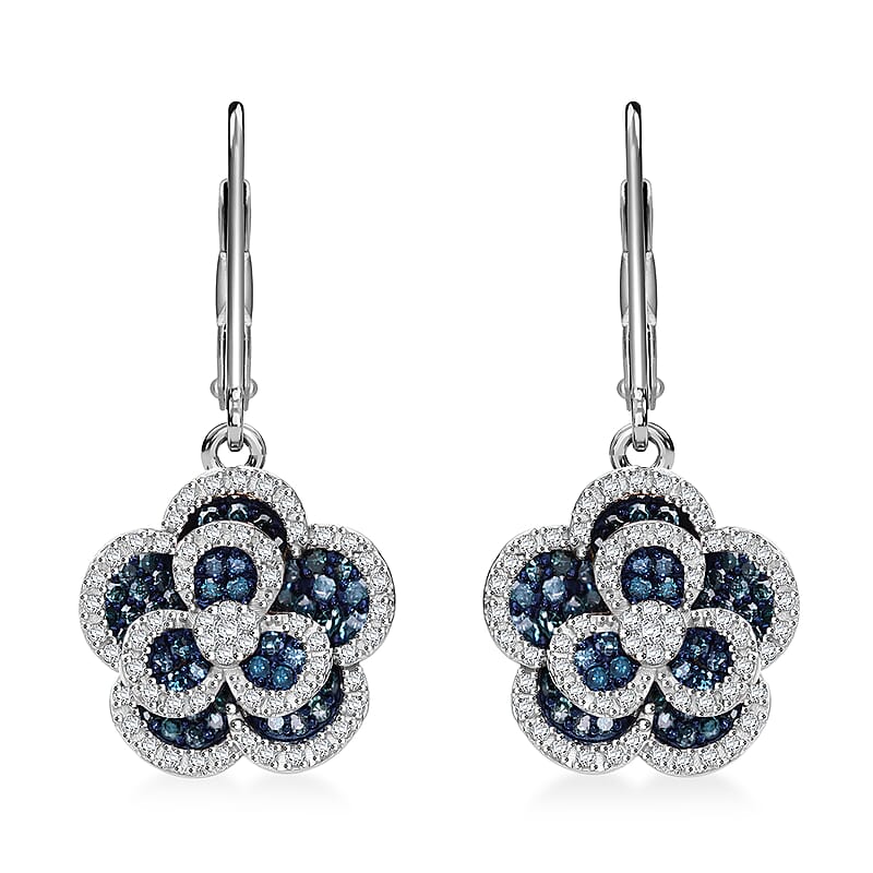 Blue and White Diamond 1.00 ctw Enchanted Bloom Earrings in Platinum Over Sterling Silver