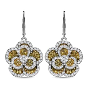 Yellow and White Diamond 1.00 ctw Enchanted Bloom Earrings in Platinum Over Sterling Silver