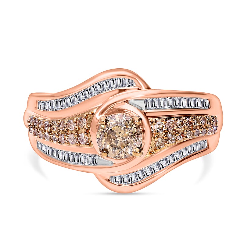 Natural Champagne Diamond 1.00 ctw Bypass Ring in Vermeil Rose Gold Over Sterling Silver (Size 10.0)