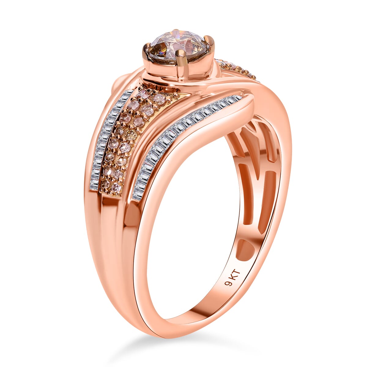 Natural Champagne Diamond 1.00 ctw Bypass Ring in Vermeil Rose Gold Over Sterling Silver (Size 6.0) image number 3