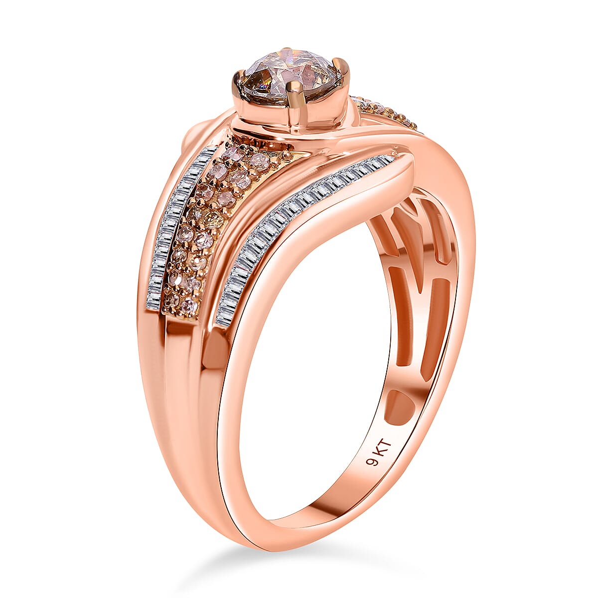 Natural Champagne Diamond 1.00 ctw Bypass Ring in Vermeil Rose Gold Over Sterling Silver (Size 7.0) image number 3