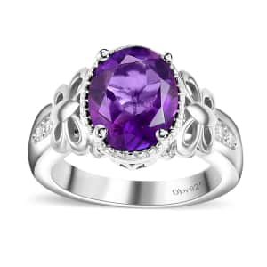 Moroccan Amethyst and Moissanite 2.60 ctw Butterfly Ring in Rhodium Over Sterling Silver (Size 10.0)