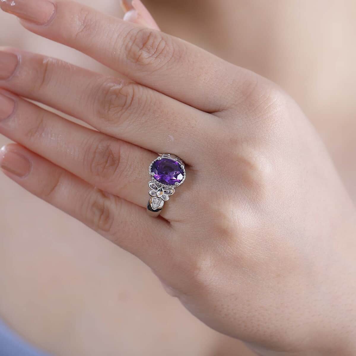 Moroccan Amethyst and Moissanite 2.60 ctw Butterfly Ring in Rhodium Over Sterling Silver (Size 10.0) image number 2