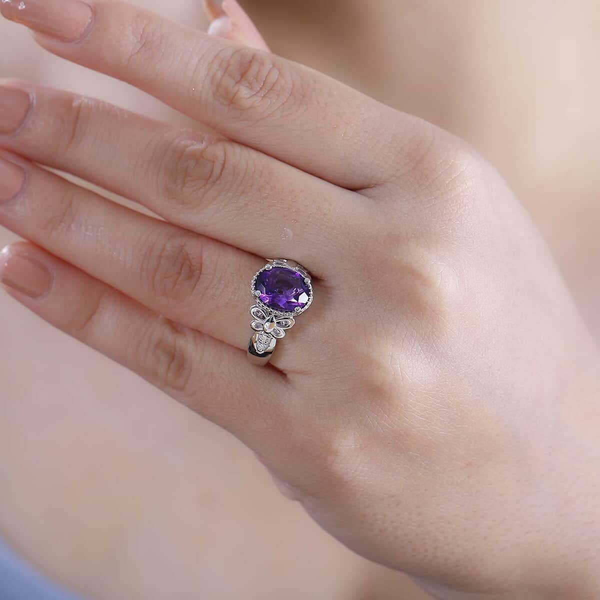 Moroccan Amethyst and Moissanite 2.60 ctw Butterfly Ring in Rhodium Over Sterling Silver (Size 7.0) image number 2