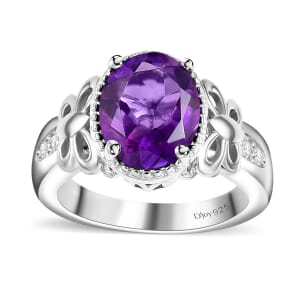 Moroccan Amethyst and Moissanite 2.60 ctw Butterfly Ring in Rhodium Over Sterling Silver (Size 8.0)