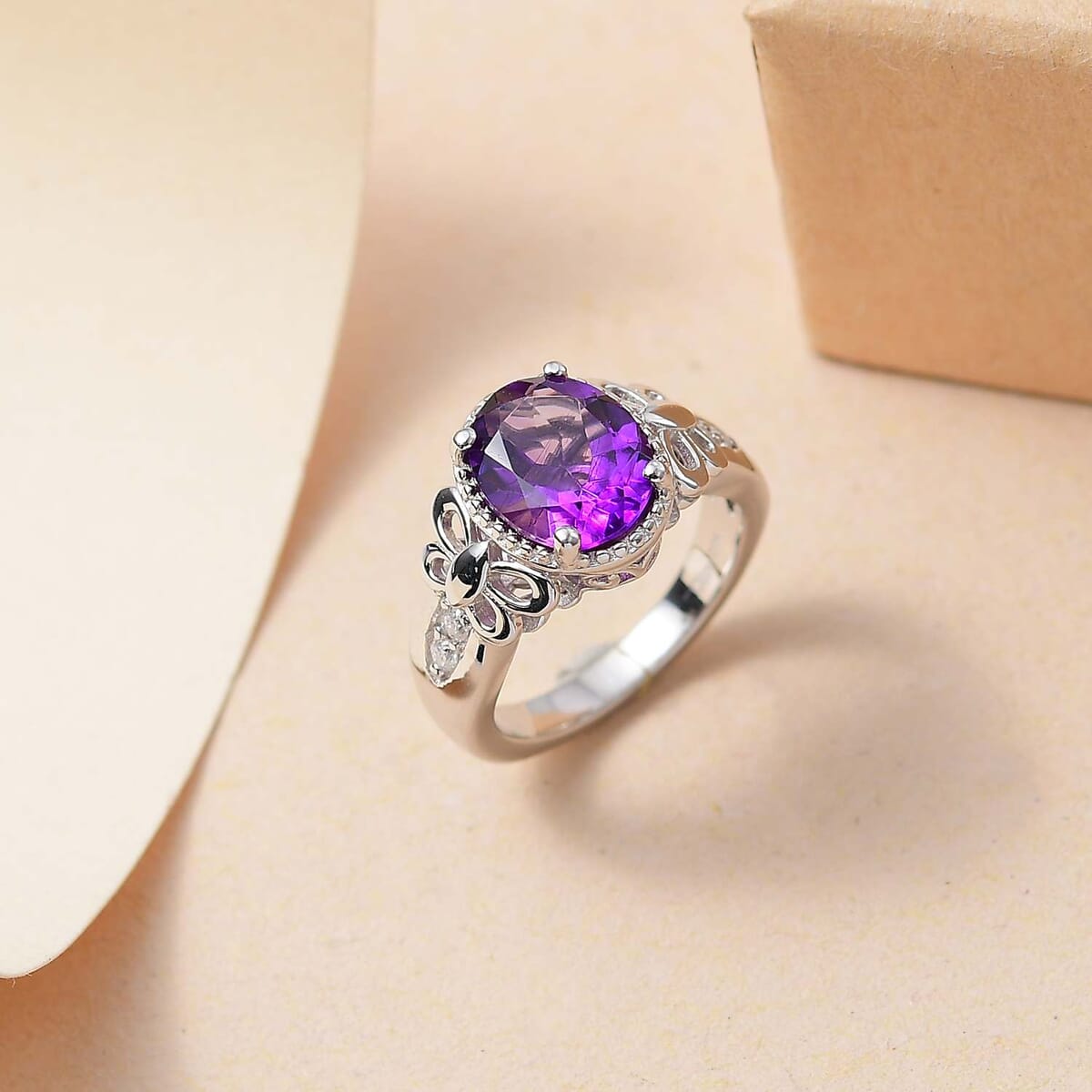 Moroccan Amethyst and Moissanite 2.60 ctw Butterfly Ring in Rhodium Over Sterling Silver (Size 8.0) image number 1