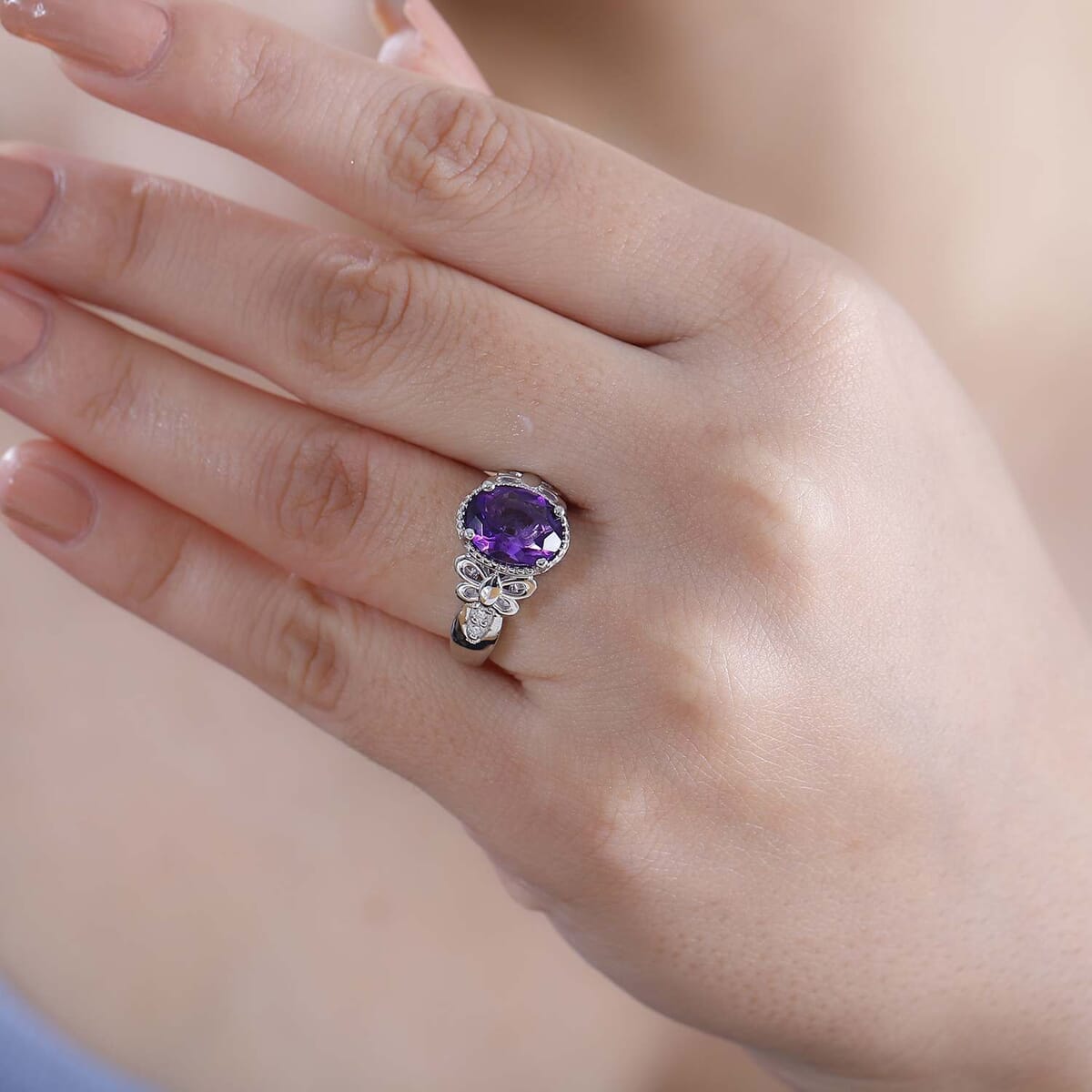Moroccan Amethyst and Moissanite 2.60 ctw Butterfly Ring in Rhodium Over Sterling Silver (Size 8.0) image number 2