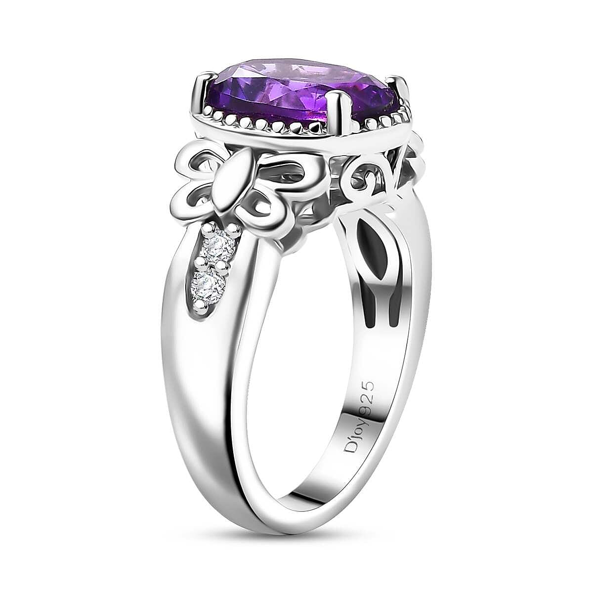 Moroccan Amethyst and Moissanite 2.60 ctw Butterfly Ring in Rhodium Over Sterling Silver (Size 9.0) image number 3