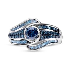 Blue Diamond 1.00 ctw Bypass Ring in Platinum Over Sterling Silver (Size 9.0)