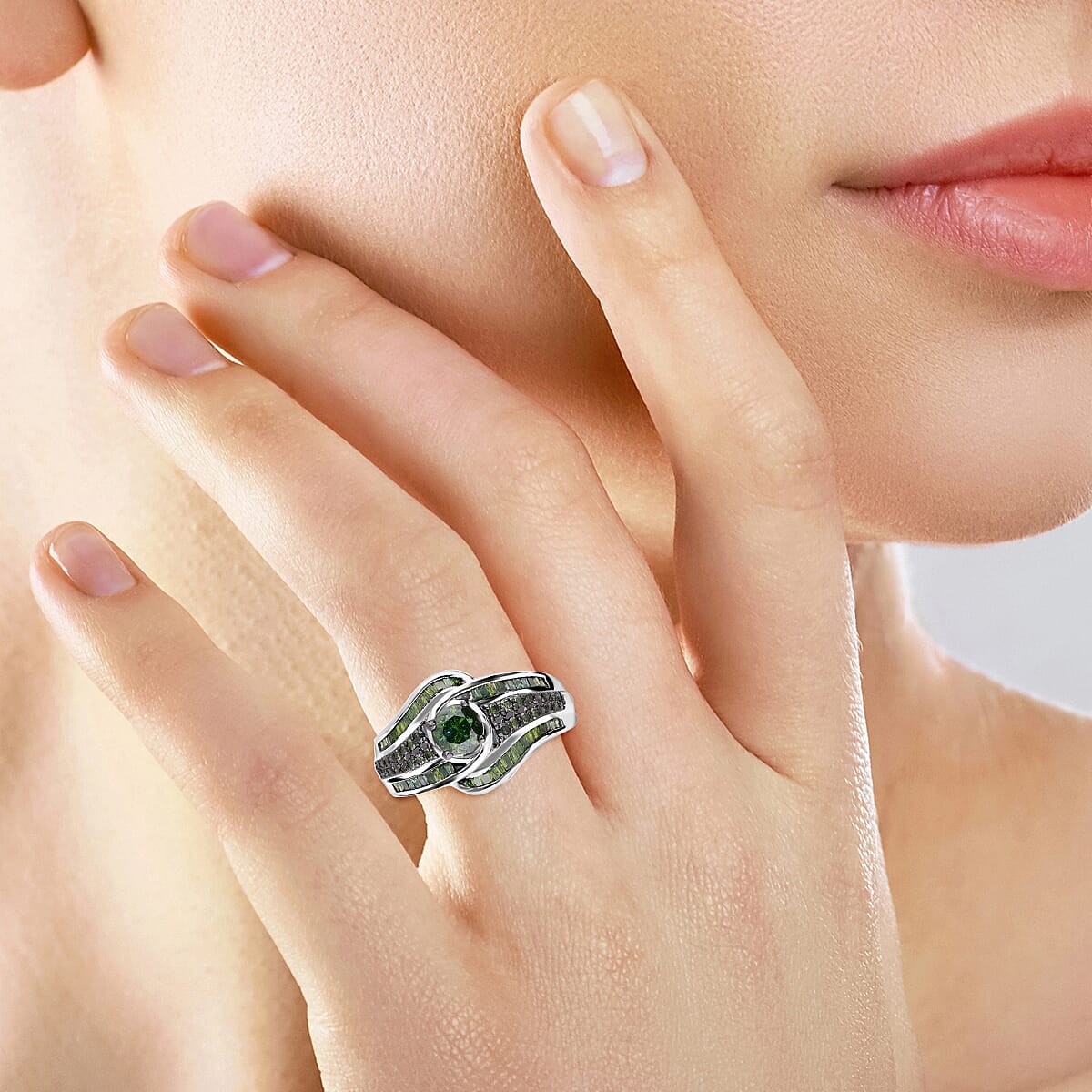 Green Diamond 1.00 ctw Bypass Ring in Platinum Over Sterling Silver (Size 8.0) image number 1