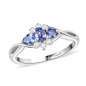 Ceylon Blue Sapphire and White Zircon 0.80 ctw Eclipse Blossom Ring in Rhodium Over Sterling Silver (Size 10.0)
