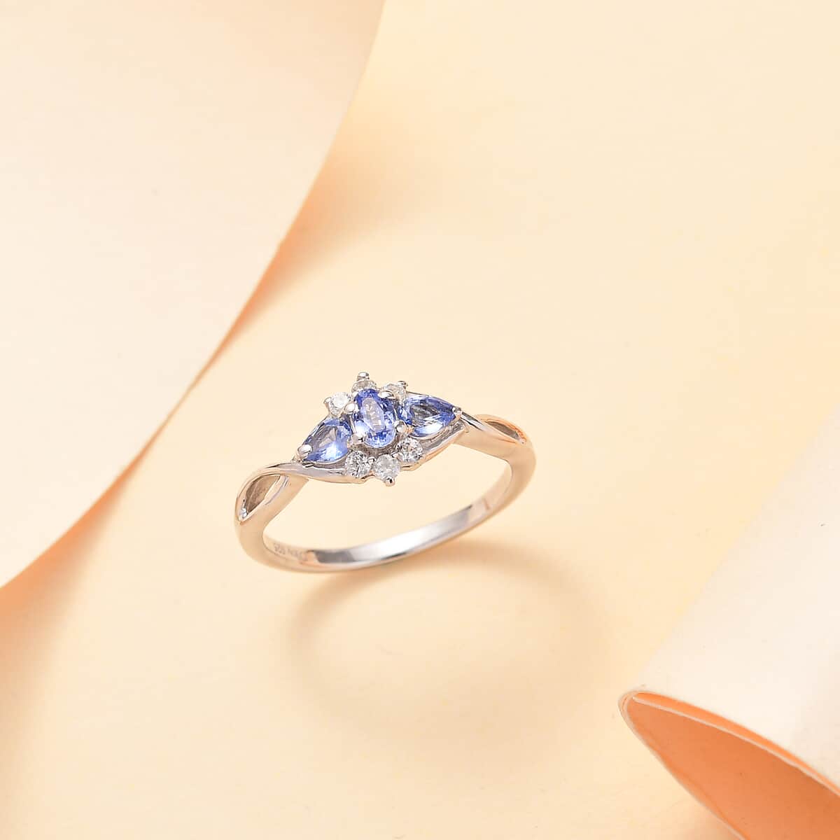 Ceylon Blue Sapphire and White Zircon 0.80 ctw Eclipse Blossom Ring in Rhodium Over Sterling Silver (Size 10.0) image number 1