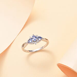 Ceylon Blue Sapphire and White Zircon 0.80 ctw Eclipse Blossom Ring in Rhodium Over Sterling Silver (Size 10.0)