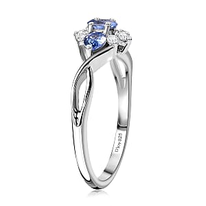 Ceylon Blue Sapphire and White Zircon 0.80 ctw Eclipse Blossom Ring in Rhodium Over Sterling Silver (Size 10.0)