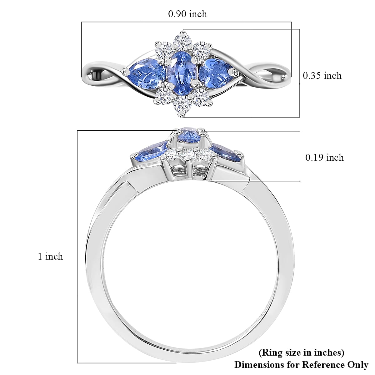 Ceylon Blue Sapphire and White Zircon 0.80 ctw Eclipse Blossom Ring in Rhodium Over Sterling Silver (Size 10.0)