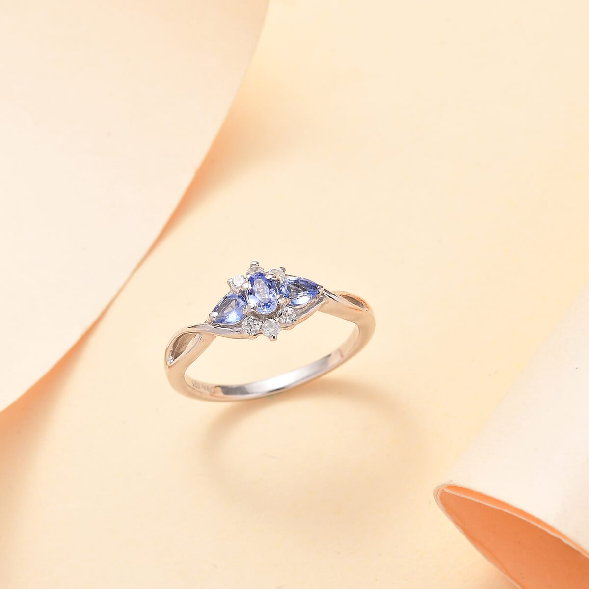 Ceylon Blue Sapphire and White Zircon 0.80 ctw Eclipse Blossom Ring in Rhodium Over Sterling Silver (Size 9.0) image number 1