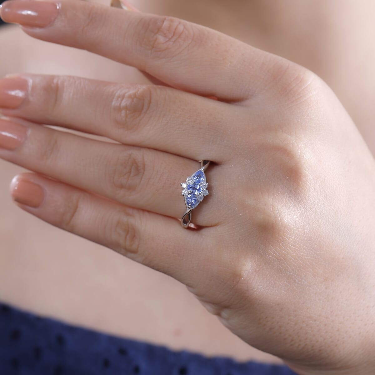 Ceylon Blue Sapphire and White Zircon 0.80 ctw Eclipse Blossom Ring in Rhodium Over Sterling Silver (Size 9.0) image number 2