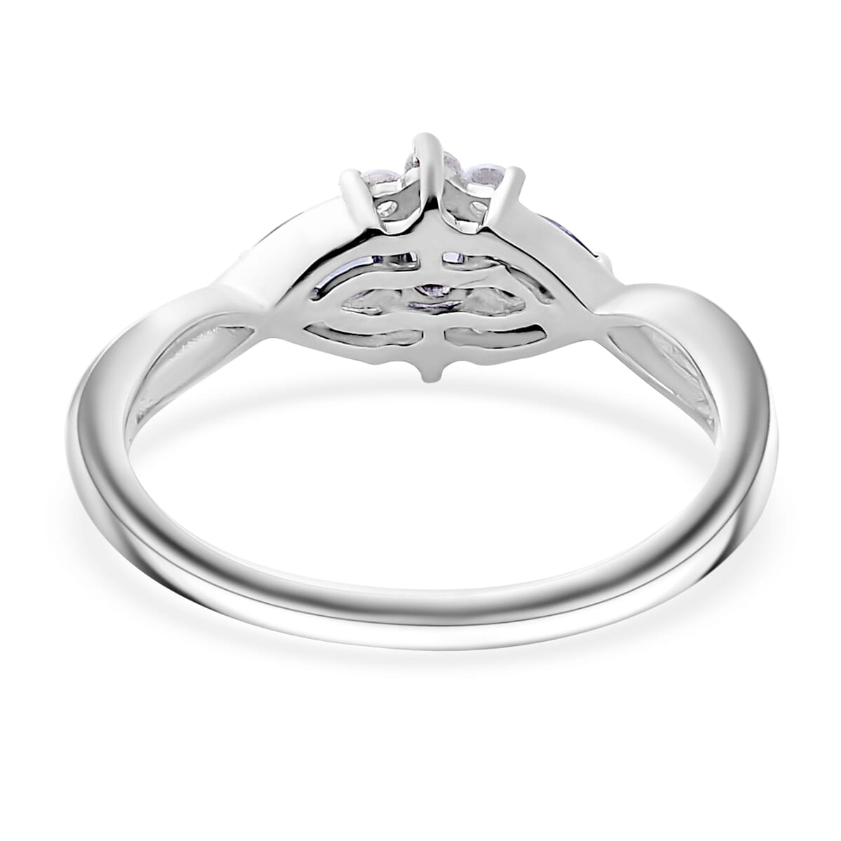 Ceylon Blue Sapphire and White Zircon 0.80 ctw Eclipse Blossom Ring in Rhodium Over Sterling Silver (Size 9.0) image number 4