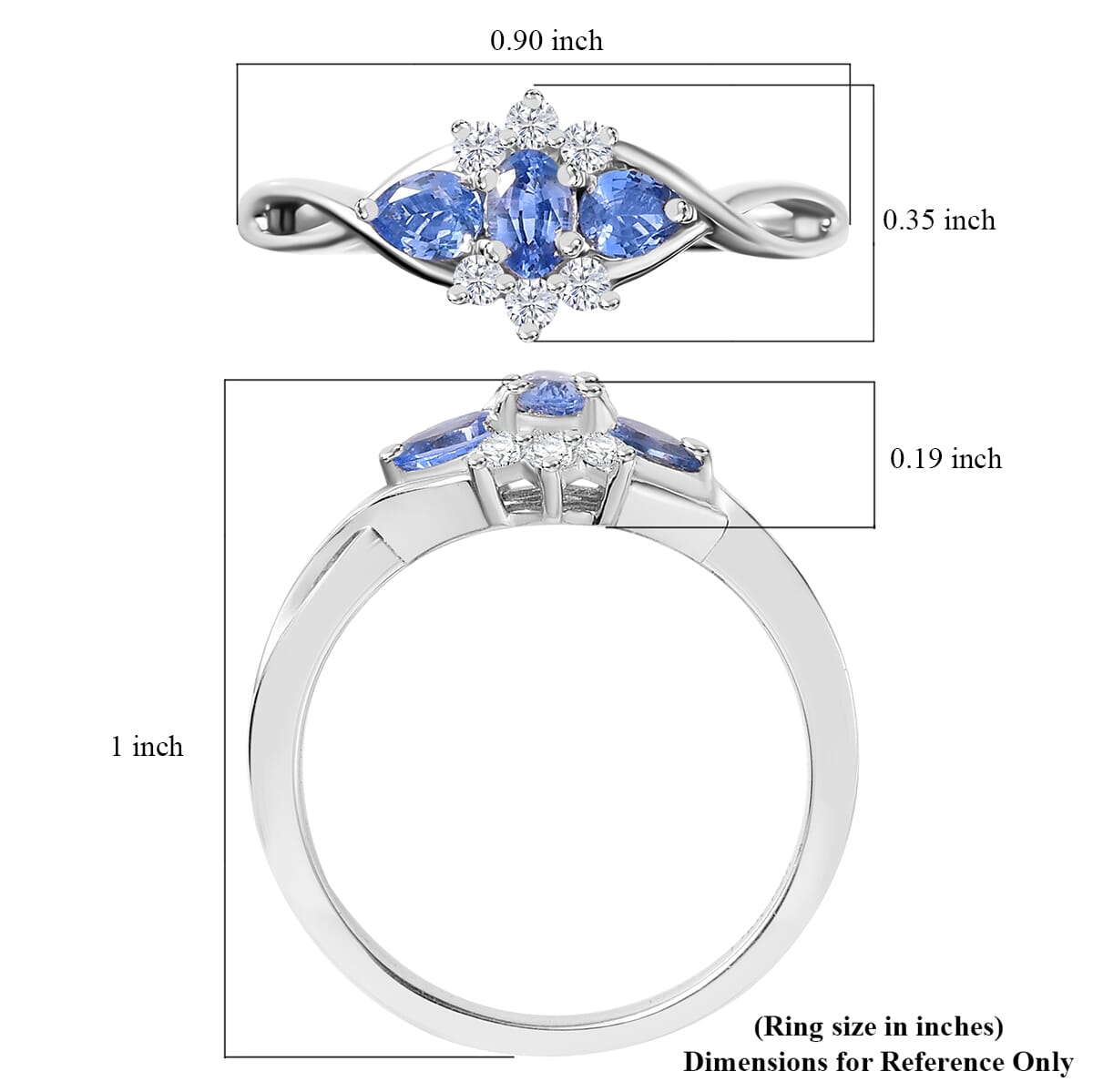 Ceylon Blue Sapphire and White Zircon 0.80 ctw Eclipse Blossom Ring in Rhodium Over Sterling Silver (Size 9.0) image number 5