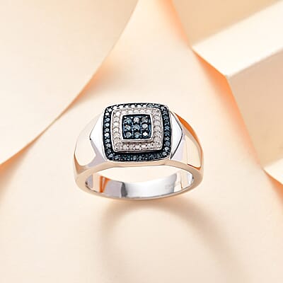 Blue and White Diamond 0.50 ctw Men's Ring in Rhodium Over Sterling Silver (Size 12.0)