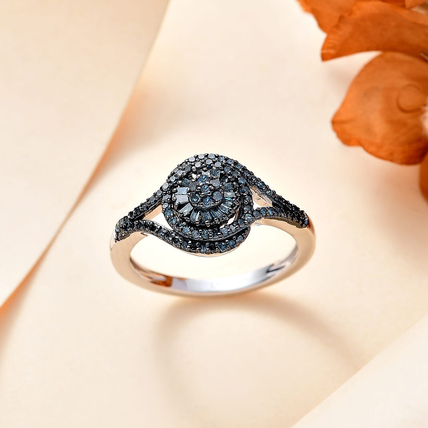 Blue Diamond (IR) Ring in Rhodium Over Sterling Silver (Size 7.0) 0.50 ctw