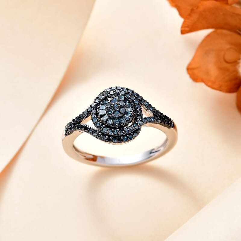 Blue Diamond (IR) Ring in Rhodium Over Sterling Silver (Size 7.0) 0.50 ctw