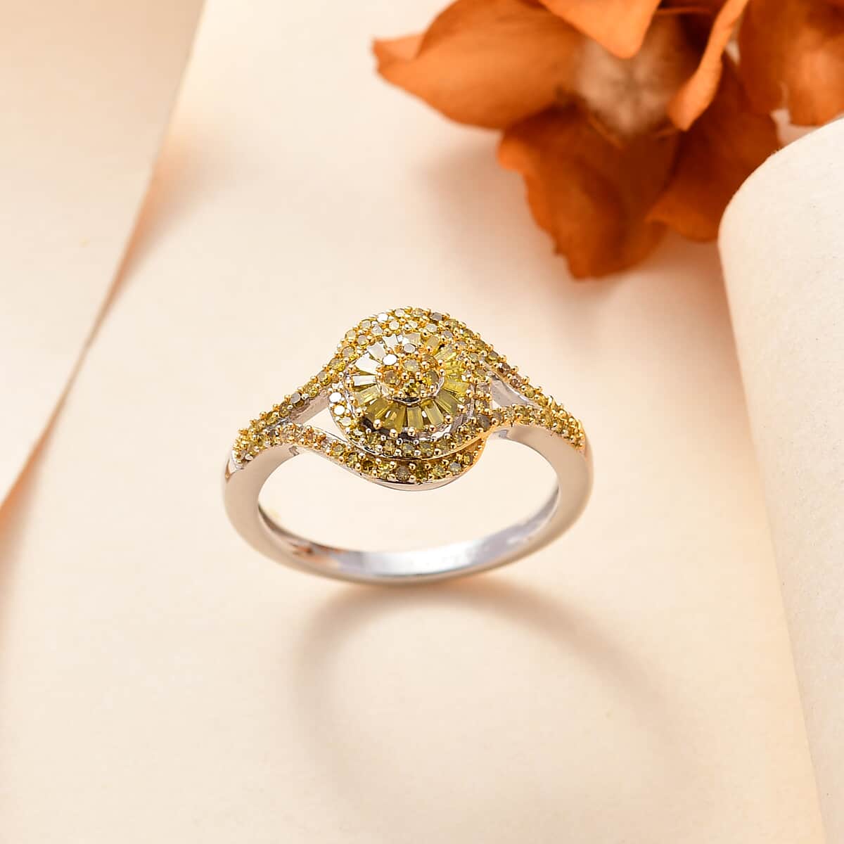 Yellow Diamond 0.50 ctw Floral Ring in Rhodium Over Sterling Silver (Size 10.0) image number 1