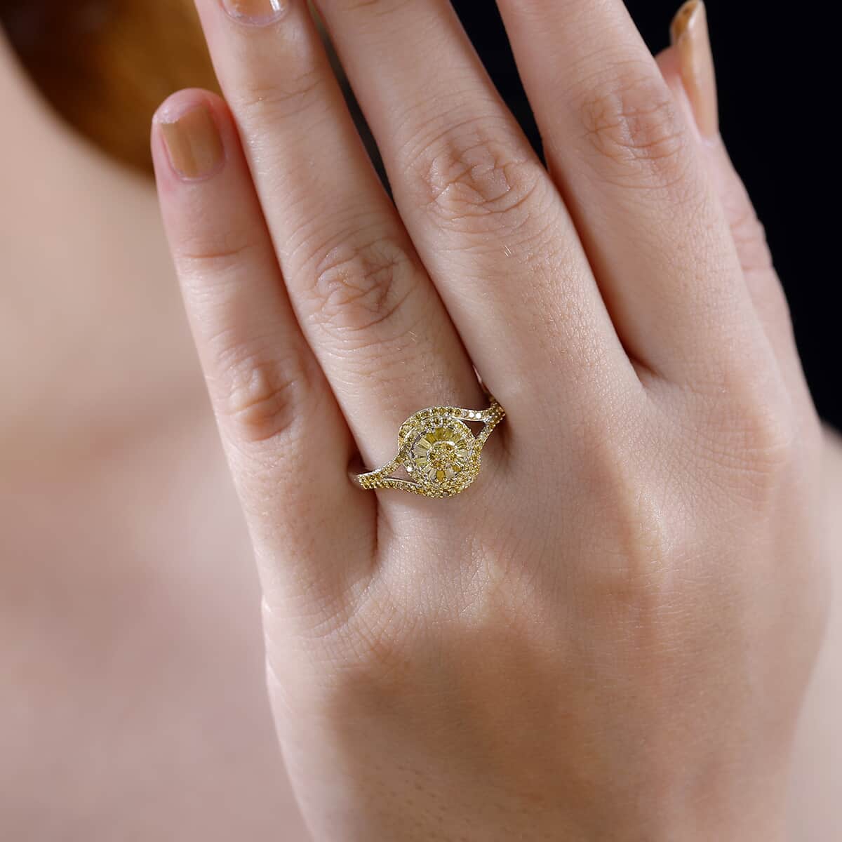 Yellow Diamond 0.50 ctw Floral Ring in Rhodium Over Sterling Silver (Size 10.0) image number 2