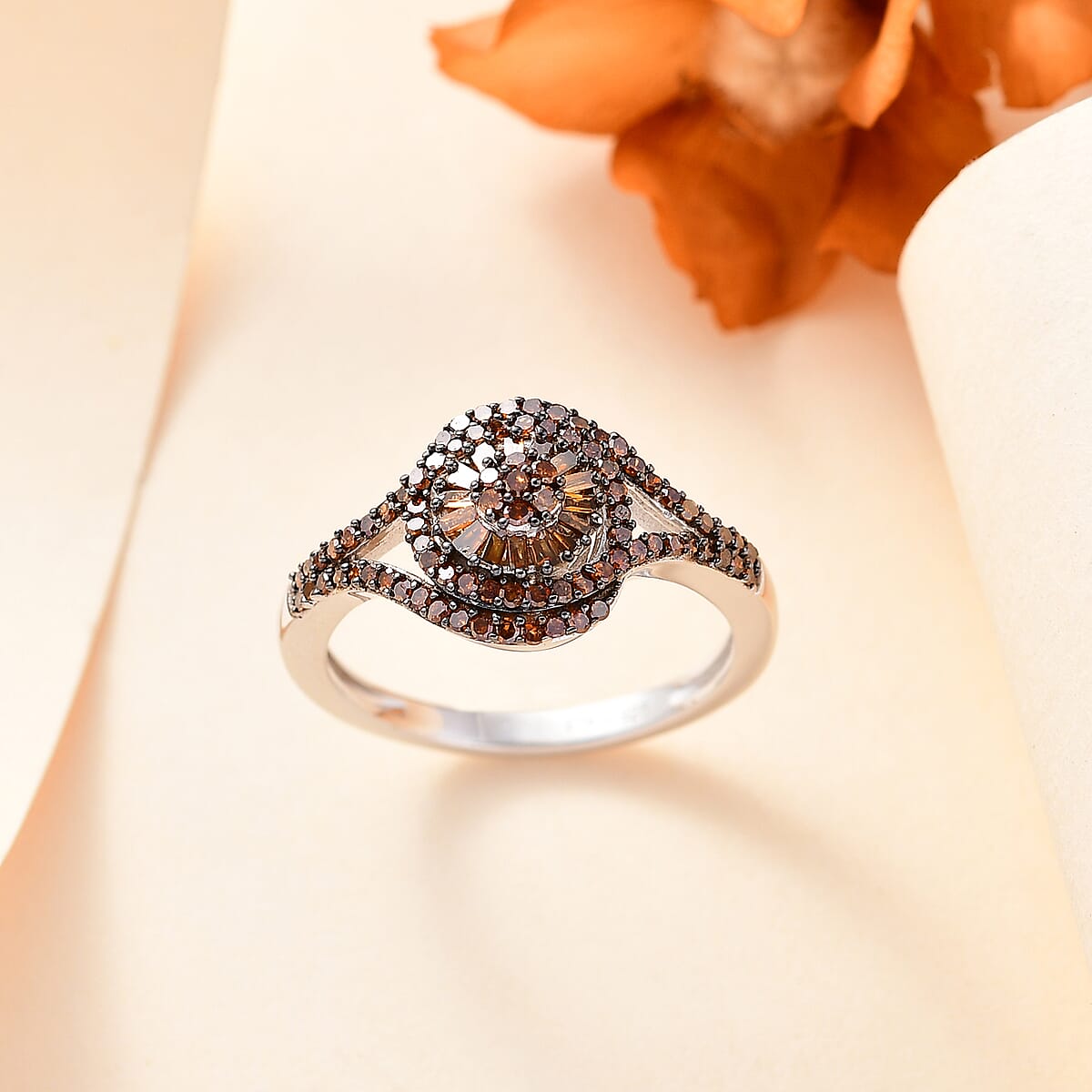 Red Diamond 0.50 ctw Floral Ring in Rhodium Over Sterling Silver (Size 10.0) image number 1