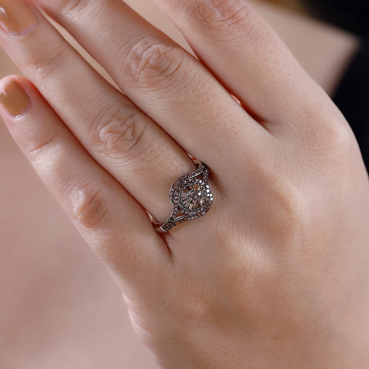 Red Diamond 0.50 ctw Floral Ring in Rhodium Over Sterling Silver (Size 10.0) image number 2