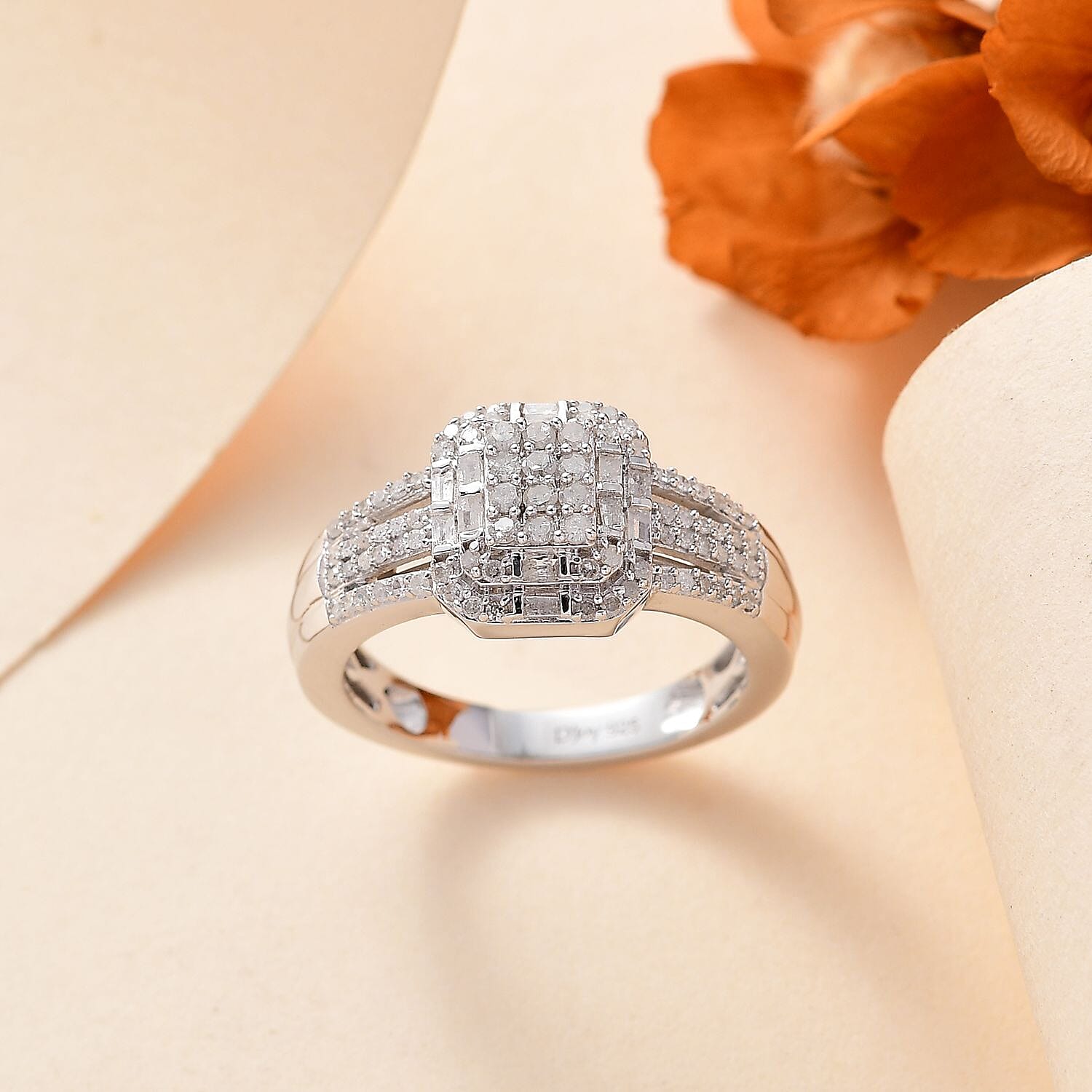 Diamond 0.50 ctw Cluster Ring in Rhodium Over Sterling Silver (Size 10.0) 