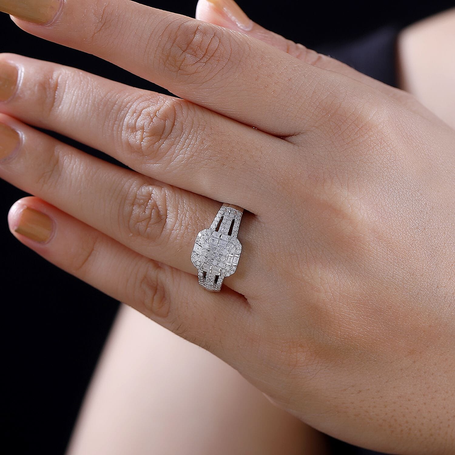 Diamond 0.50 ctw Cluster Ring in Rhodium Over Sterling Silver (Size 10.0) 