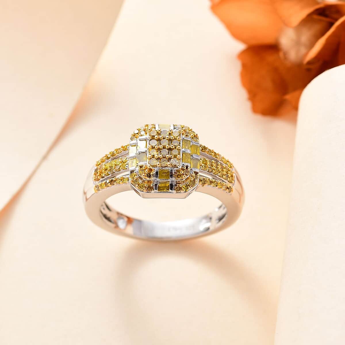 Yellow Diamond 0.50 ctw Cluster Ring in Rhodium Over Sterling Silver (Size 6.0) image number 1