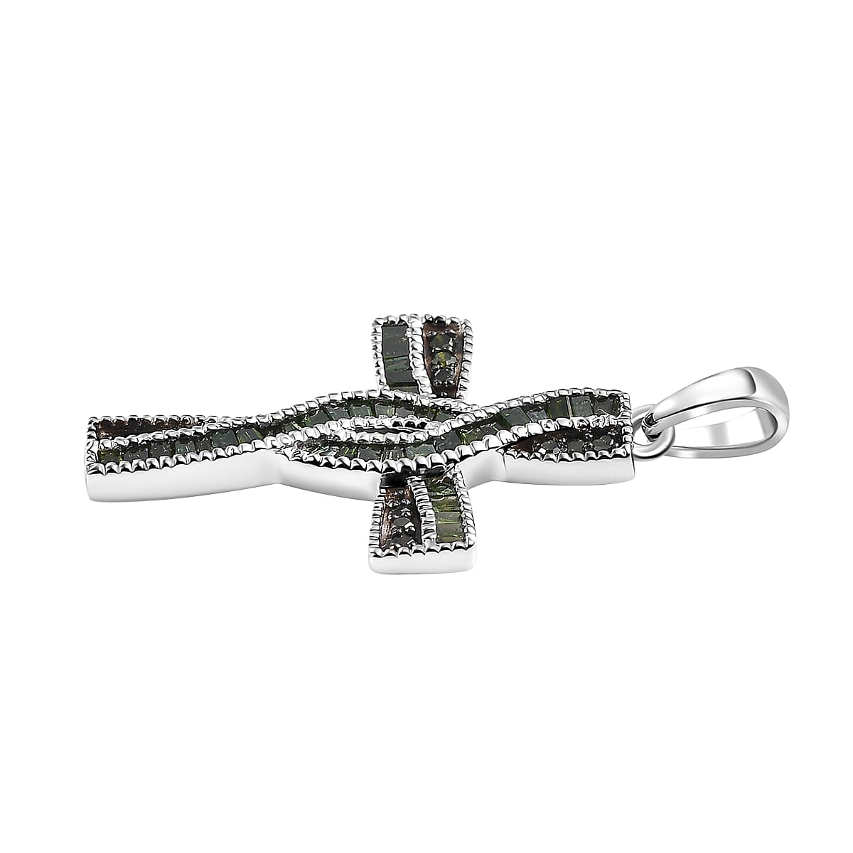 Green Diamond 0.50 ctw Cross Pendant without Chain in Rhodium Over Sterling Silver