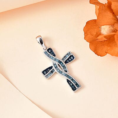 Blue Diamond 0.50 ctw Cross Pendant in Rhodium Over Sterling Silver