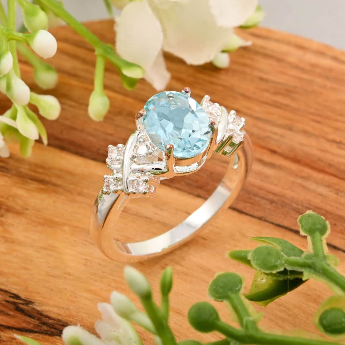 Blue Topaz and Simulated Diamond 2.00 ctw Ring in Silvertone (Size 8.0) image number 1