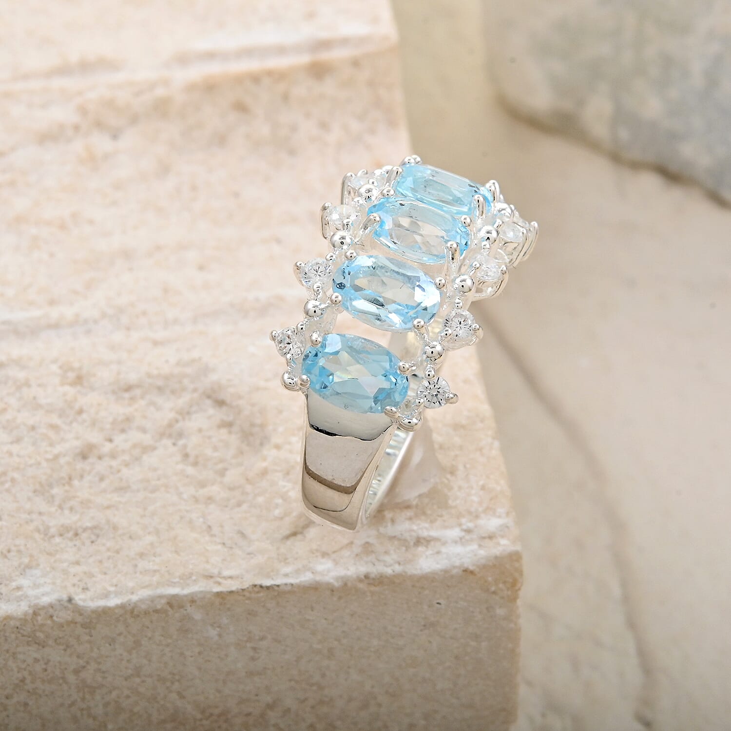 Blue Topaz and Simulated Diamond 2.65 ctw Ring in Silvertone (Size 6.0)