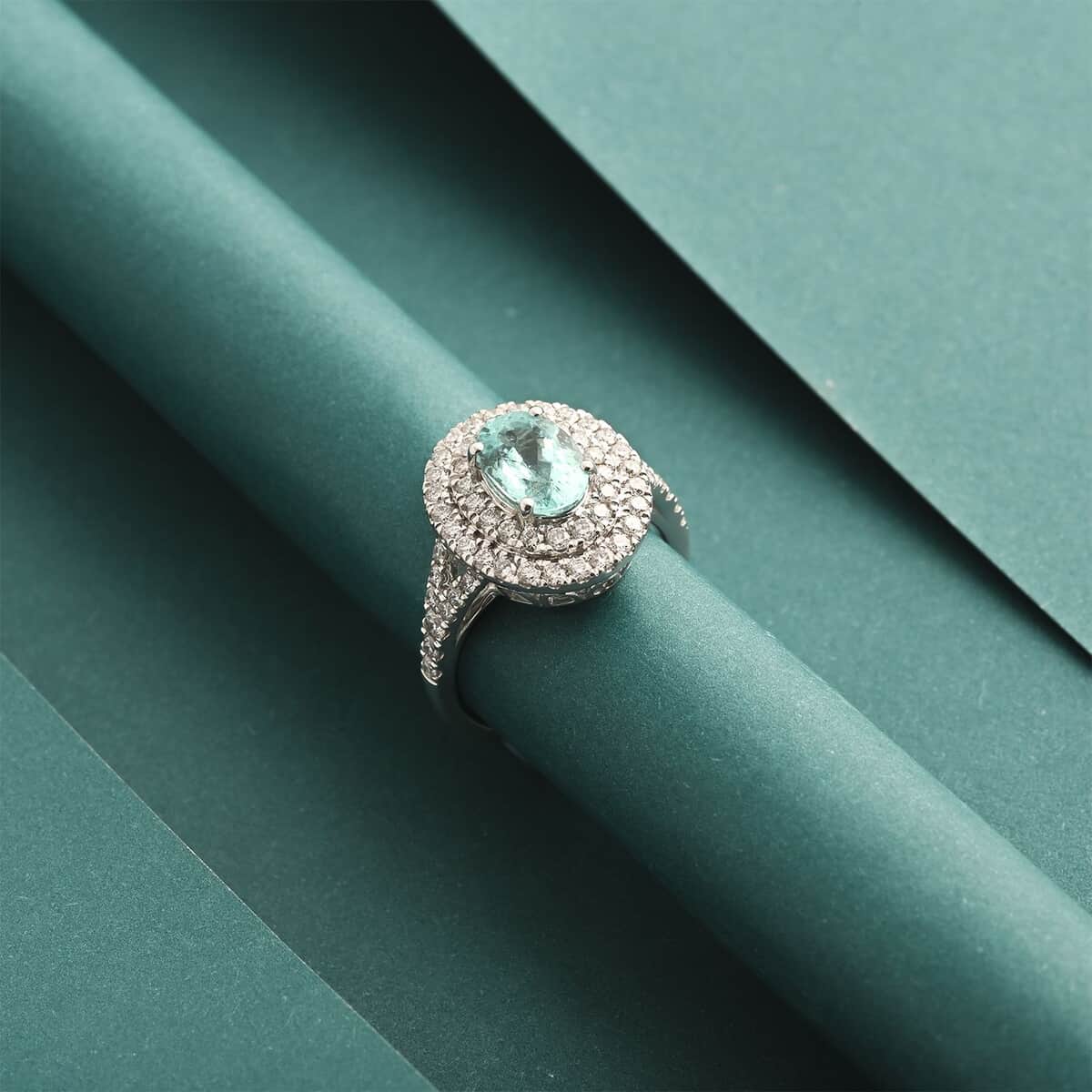 Chairman's Vault Certified & Appraised Rhapsody AAAA Paraiba Tourmaline and E-F VS Diamond 2.75 ctw Ring in 950 Platinum (Size 7.0) 9.25 Grams image number 1