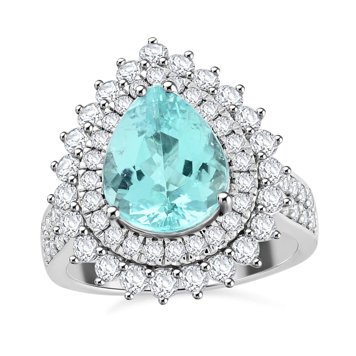 Chairman's Vault Certified & Appraised Rhapsody AAAA Paraiba Tourmaline and E-F VS Diamond 5.40 ctw Ring in 950 Platinum (Size 7.0) 14.45 Grams image number 0