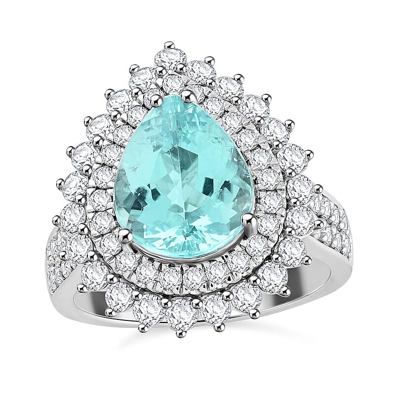 Chairman Vault Collection Certified & Appraised Rhapsody AAAA Paraiba Tourmaline and E-F VS Diamond 5.40 ctw Ring in 950 Platinum (Size 7.0) 14.45 Grams