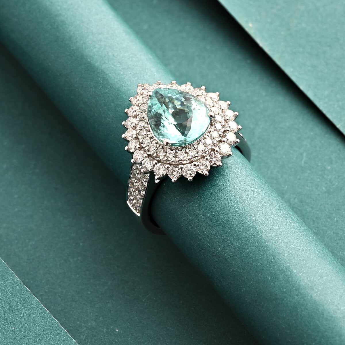 Chairman's Vault Certified & Appraised Rhapsody AAAA Paraiba Tourmaline and E-F VS Diamond 5.40 ctw Ring in 950 Platinum (Size 7.0) 14.45 Grams image number 1